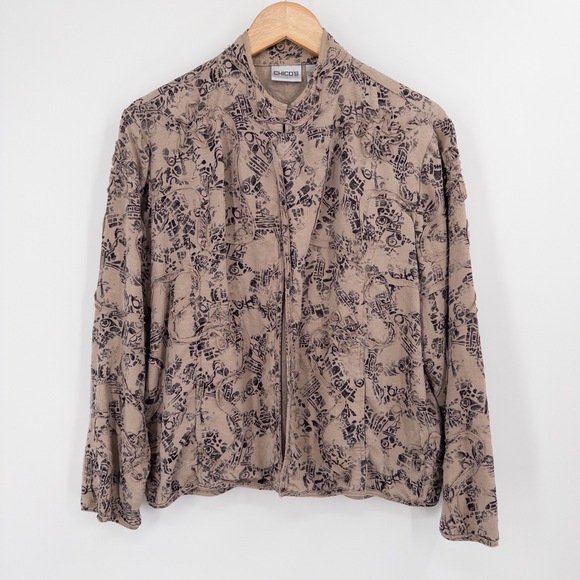 Chico's Silk Linen Textured Jacket L Sz‎ 2 Abstract Boho Artsy Floral Appliqué - Picture 1 of 7